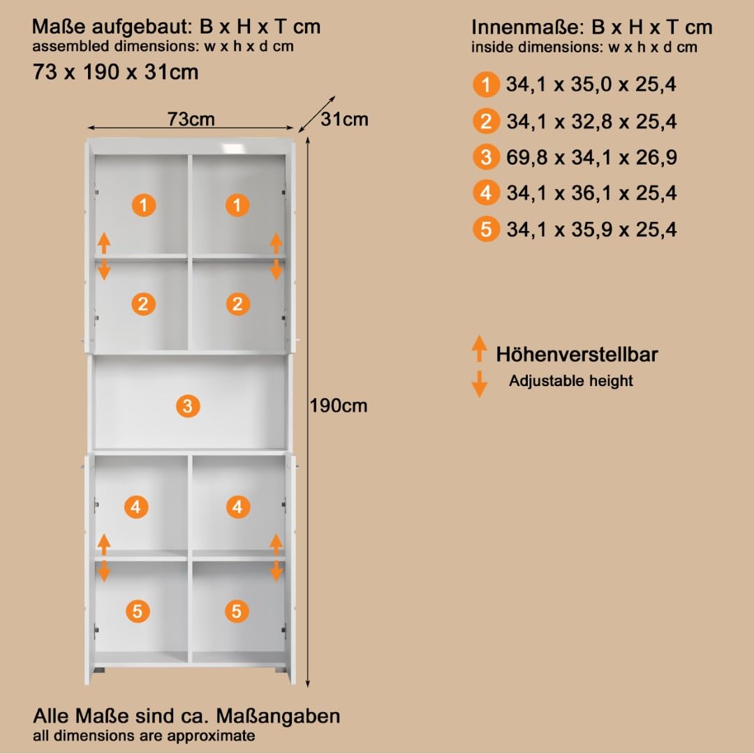 trendteam smart living - Amanda - Hochschrank - Weiß Hochglanz - Badezimmerschrank breit mit 4 höhenverstellbaren Einlegeböden - (BxHxT) 73 x 190 x 31 cm - 8 Fächer und ein großes offenes Fach – Bild 4