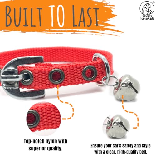 Image of PAWPRO HANDMADE Cat Collar With Name Tag & Bell, Adjustable Buckle, Soft Neck Naylon Strap, Customisable Name & Kitten Icon Id Tag, Comfortable For Small To Big Cats (Red),Nylon,20X10 Cm