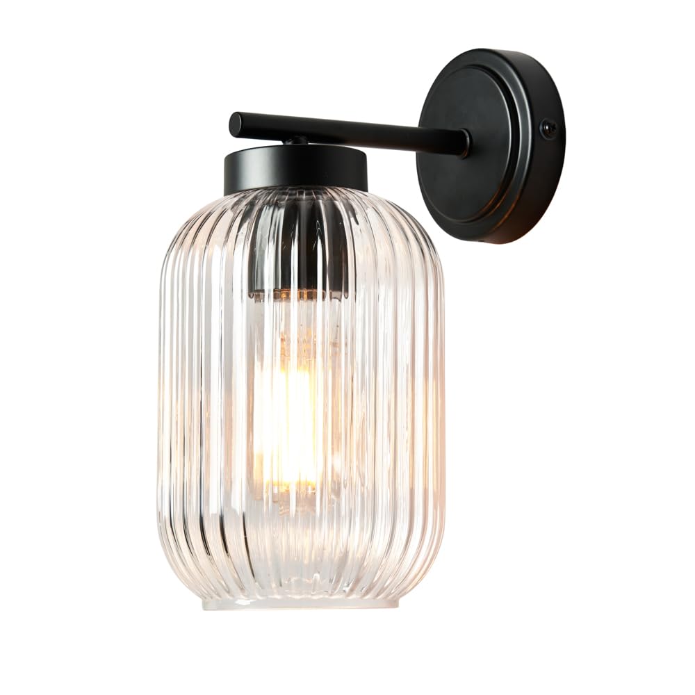 LITECRAFT Azalea Wall Light Outdoor IP23 Rated Ribbed Glass Lantern - Black