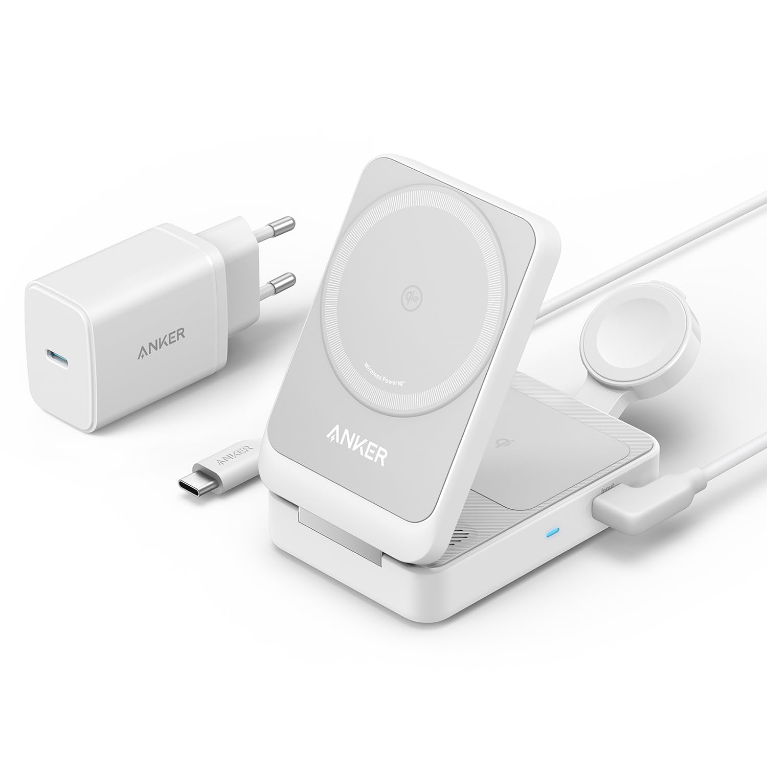 Anker MagGo Wireless Charger Station iPhone 3 in 1 Magsafe 15W Wireless Charger Compatible with MagSafe for iPhone 16/15/14/13, AirPods, Apple Watch(White)