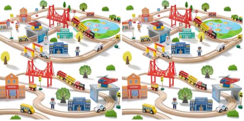 Image of Tiny Land 110PCS Wooden Train Set - Toy Train with Tracks for Kids Ages 3-7, Compatible with Major Brands, Ideal Railway Playset for Boys and Girls, Great Birthday (Pack of 2)