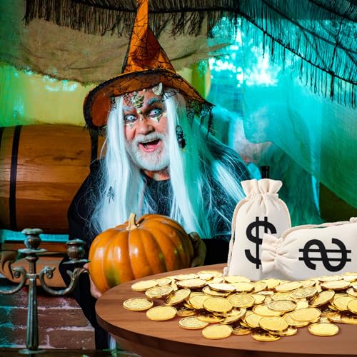 Bulyoou 200 Pcs Gold Coins and 12 Pcs Canvas Money Bags with Drawstring Pirate Treasure Prop Money Fake Coins Gold Coin Toy for Halloween Pirate Adventure Party Birthday Decorations
