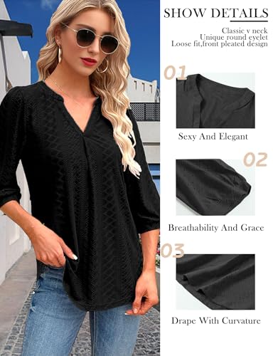 Buauty 3/4 Length Sleeve V-Neck Womens Tops Summer Trendy Loose Eyelet T-Shirts Casual Dressy Tunic Blouses4