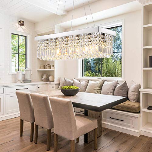 Siljoy Rectangle Crystal Raindrop Chandelier, 6 Lights Modern Rectangular Pendant Ceiling Light Fixture For Kitchen Island Dining Room L31.5 X W10 X H10, Polished Chrome, Adjustable Height #TOP2