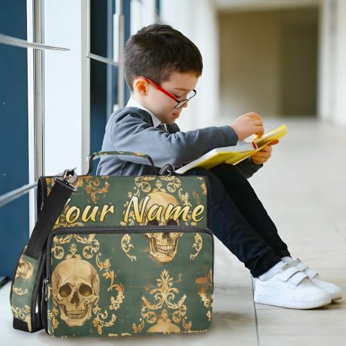 Image of Custom 3 Ring Zipper Binder Aztec Skeleton Skull Grunge Personalized Name 1.5 Inch Binders Large Capacity Multi Pockets for School Office Supplies