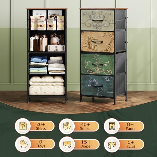 Image of WLIVE Dresser with 4 Drawers, Storage Tower, Organizer Unit, Fabric Dresser for Bedroom, Hallway, Entryway, Closets, Vintage Furniture with Sturdy Steel Frame, Wood Top, Pull Handle, Floral Painted