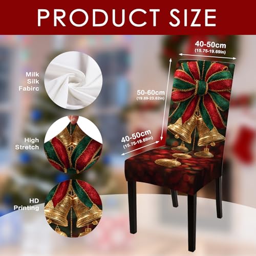 Image of Nuxovilar 4PCS Gold Bell Bow Stretch Chair Covers 23.6x70in | Holiday Slipcover Festive Protector Gold Bell Wrap Seat Guard Dining Room Formal Banquet Event (Golden Bow)