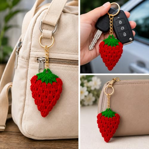 Image of Handmade Crochet Keychain for Women & Girls, Cute Yarn Key Ring, Bag Charm, Car Key Holder & Gift, Aesthetic Handmade Floral Accessory