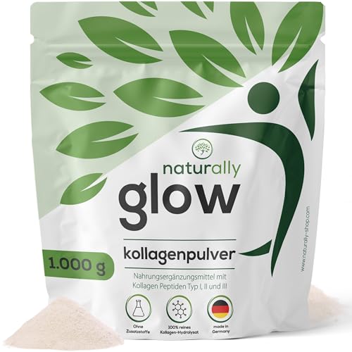 naturally Glow Colágeno en polvo [NUEVO con 1000 g] – Péptidos de colágeno hidrolizado tipo I, II y III, polvo de colágeno premium, insípido y muy soluble