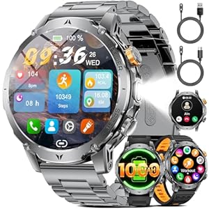 Militär Smartwatch Herren mit 1000mAh Akku/Telefonfunktion,1.7" HD Großes Touchscreen/LED-Licht/Schla... Sportmodi,3 Armbändern,IP68 Wasserdicht Fitnessuhr für iOS Android,Schwarz