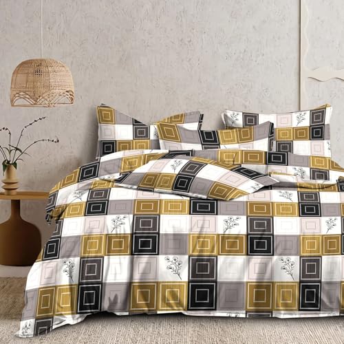 Image of Organza Super Soft Glaze Cotton King Size All Season Double Bed AC Comforter (Mustard Square, Comforter with Bedding Set)