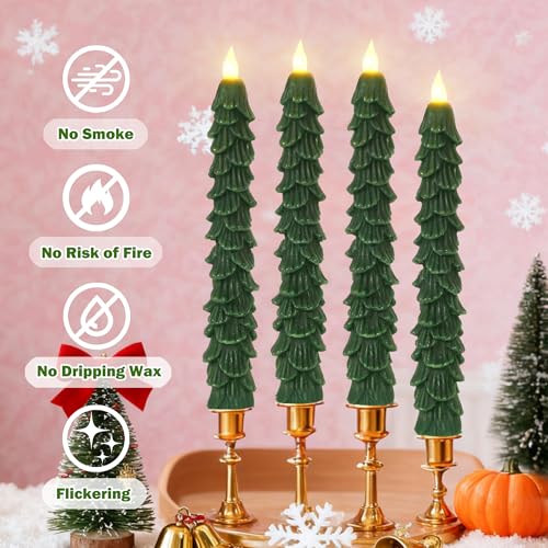 Image of Crystal Club Christmas Tree Flameless Taper Candles, Battery Powered Candles with 3D Flickering Flame Wick & Remote Timer, Real Wax LED Taper Candlesticks for Holiday Christmas Decor, Set of 4