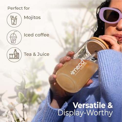 Image of IMECO ECO JAR Borosilicate Glass Sipper with Bamboo Lid & Straw, 500ml | Leak-Proof, BPA-Free & Eco-Friendly | Travel-Ready Bottle for Milk, Coffee, Green Tea & Water