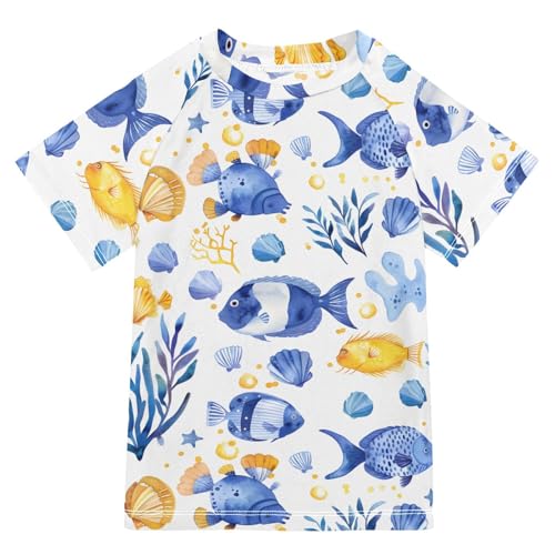 ALAZA Kids Rash Guard Boys Toddler Swim Shirts Short Sleeve Seaweeds Fish Seashells UPF 50+ 3T