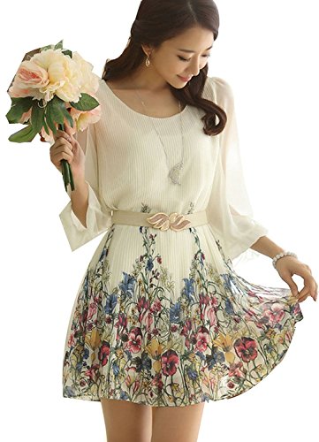 Women's Chiffon Floral 3/4 Sleeve Summer Beach Sundress Casual Dress - Small