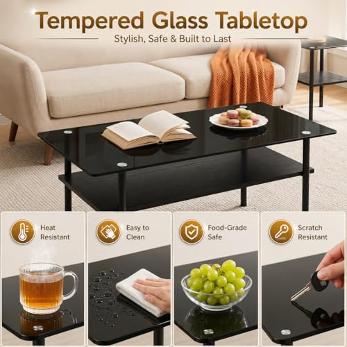 Image of 38.6 inch Glass Coffee Table for Living Room, 2-Tier Modern Black Center Table with Tempered Glass Top, Wood Shelf & Metal Legs,Small Accent Tea Table for Small Space, Apartment,Easy to Assemble