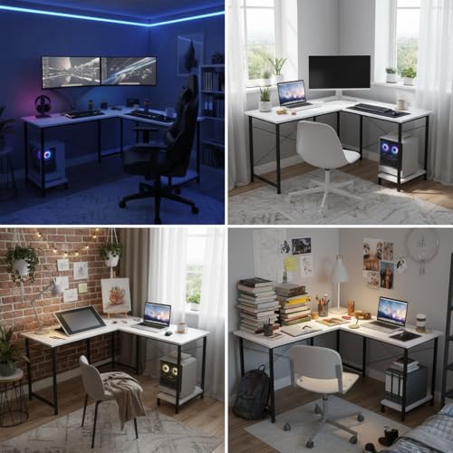 Image of RIZIK STORE L-Shaped Computer Desk | 50-Inch Corner Gaming & Study Table with Engineered Wood Top, Metal Frame & CPU Shelf | Writing Workstation for Bedroom, Office & Small Rooms (White-1)