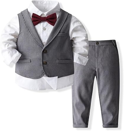 Baby Boys 4 Piece Gentleman Suit Set with White Shirt,Bowtie,Lapel Vest and Pant