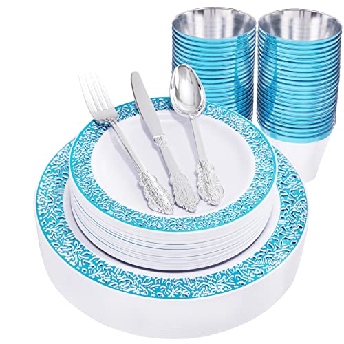 Wellife 180Pcs Blue Plastic Plates With Silverware, Blue Plastic Dinnerware Set Includes: 30 Dinner Plates, 30 Dessert Plates,30 Blue Cups And 30 Cutlery Sets For Independence Day #TOP21