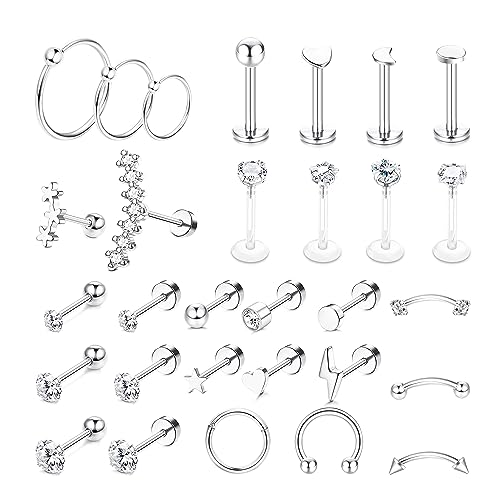 JeweBella 30 Piezas Piercing Oreja Acero Quirurgico para Mujer Niña Pendientes Bola Estrella Corazón CZ Piercing Helix Tragus Conch Daith Labret Nariz Anillos Piercing Cartílago Plata/Oro