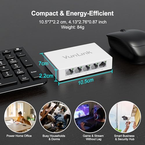 Image of 5 Port Gigabit Ethernet Switch - VunLink Unmanaged Network Switch Hub, Desktop Ethernet Splitter, Fanless & Energy Efficient, High-Speed Connection for Home, Office, NAS, Gaming
