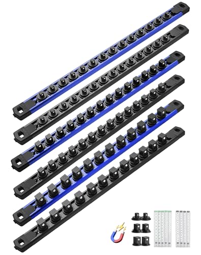 Image of ALOANES Magnetic Socket Organizer Set, 6PC Heavy Duty Aluminum Socket Holder Organizer, 360 Swivel Clips Socket Holder Kit for Toolbox Drawer Fit 1 /2, 3 /8, 1 /4-Inch x 80 Clips (Blue&Black, 6PC)