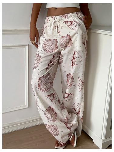 MakeMeChic Women's Pants Seashell Print Wide Leg Low Waist Tie Front Drawstring Trousers2