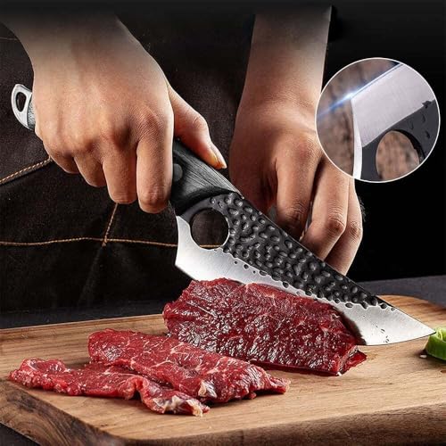 Image of 8 Inch Boning Knife Hand Forged Full Tang Chef Knife Razor Sharp Butcher Knife with Leather Sheath for Meat BBQ Camping Outdoor Viking Style Kitchen Knife