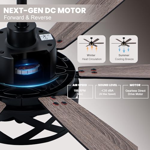 Image of Dawn Whisper 60 Inch Farmhouse Ceiling Fans with Lights and Remote Large Black Caged Rustic Chandelier Ceiling Fan for Bedroom Living Room Quiet and Reversible DC Motor 6 Speeds