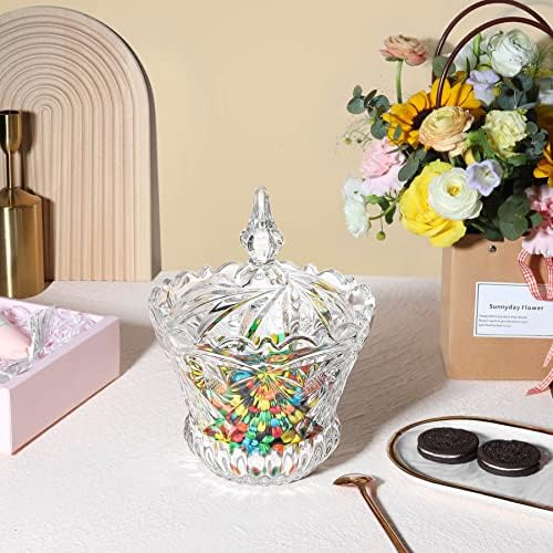 ComSaf Glass Candy Sweet Jar with Lid, Crystal Bon Bon Jar Covered Sugar Bowl Small Decorative Cookie Dish Buffet Storage Container Clear for Party Wedding Christmas Gift (Diameter: 15.5CM)