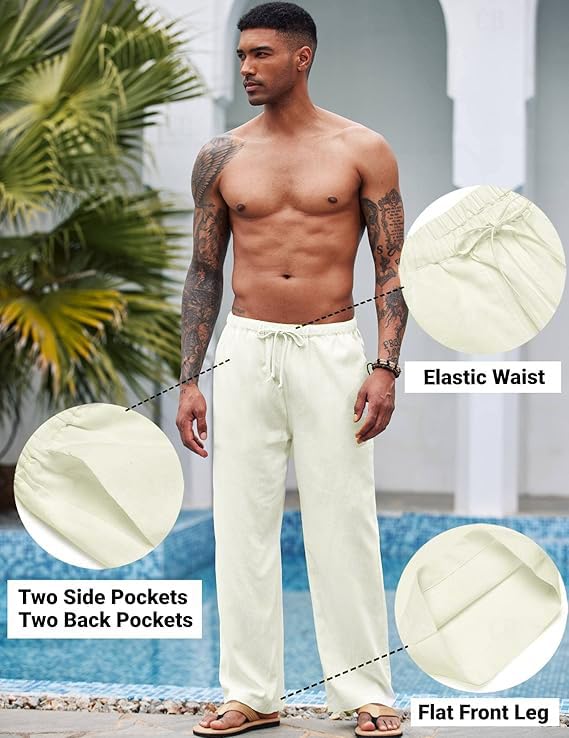Image of CB-COLEBROOK Mens Casual Linen | Elastic Waist | Drawstring Summer Beach Yoga Linen Trouser | Loose Fit Pyjama Pants for Man