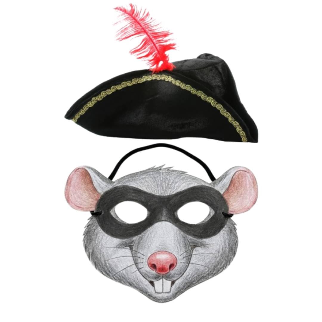 Kids Highway Rodent Inspired 2-Piece Costume Set – Bandit Mask and Cavalier Hat with Red Feather – Toddler & Children’s World Book Day Unisex Fancy Dress Costume