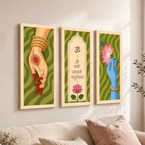 Image of Radha Krishna Framed Wall Art Painting for Living Room, Set of 3 Om Namo Bhagavate Vasudevaya Mantra Poster, vishnu & laxmi Painting for Living Room, Home Decor (Size-24x48 cm)