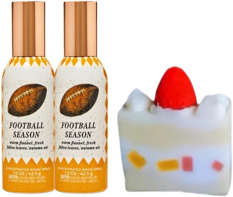 Football Season - White Barn - Bath/Body Work - 2 Concentrated Room Spray 1.5 oz / 42.5 g and Strawberry Soap Cake (Label Artwork Varies)