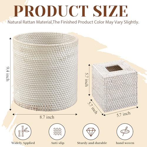 Teennyou 2 Pcs Rattan Trash Can and Tissue Box Cover Set, White by Teenyyou - Used condition - Image 2
