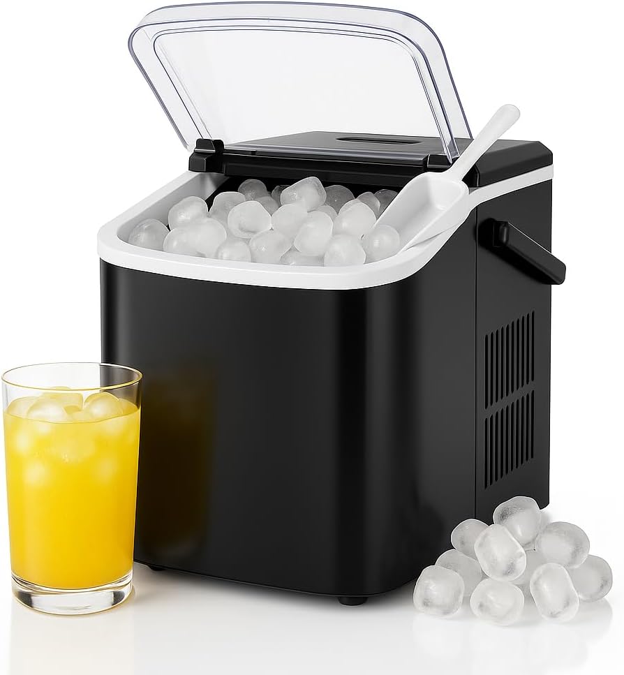 DUMOS Portable Ice Maker for Countertop with Handle, 26lbs/Day, 9 Bullet Ice Cubes Ready in 6 Mins, Self-Cleaning Quiet Ice Machine for Home, Kitchen, RV, Camping, Black Inky Black