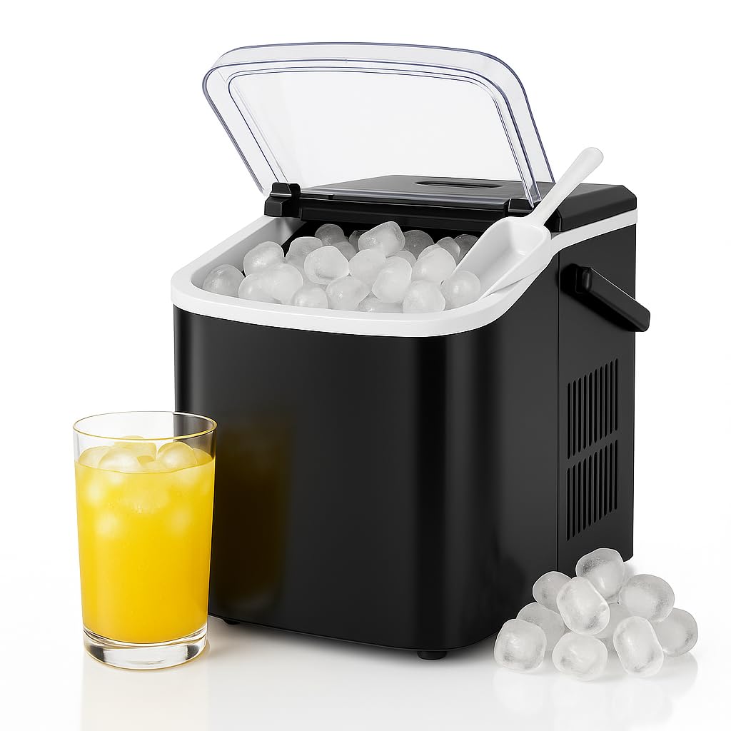 DUMOS Portable Ice Maker for Countertop with Handle, 26lbs/Day, 9 Bullet Ice Cubes Ready in 6 Mins, Self-Cleaning Quiet Ice Machine for Home, Kitchen, RV, Camping, Black