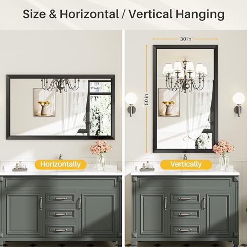 50x30 Inch Black Bathroom Mirror for Wall, Thick Metal Framed Rectangle Mirrors for Over Sink, Bedroom, Living Room, Entryway, Anti-Rust, HD Tempered Glass