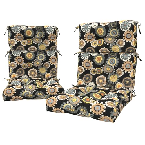 LVTXIII Outdoor Tufted High Back Cushions, 22" W x 20" D Fluffy Seat and Back Chair Cushion with Ties, Patio Replacement Rocking Chair Cushion for Outdoor Furniture Use, 2 Pack, Black Yellow Crosby