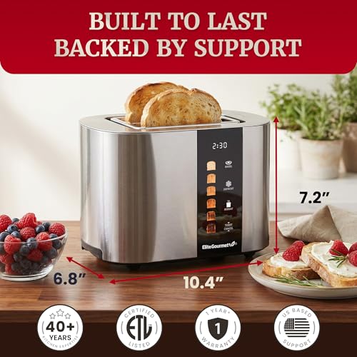 Image of Elite Gourmet ECT2470 2-Slice Automatic Motorized Toaster, No-Lever Digital Touchscreen, Extra-Wide Slots, 6 Browning Levels, Bagel /Defrost /Reheat, Stainless Steel