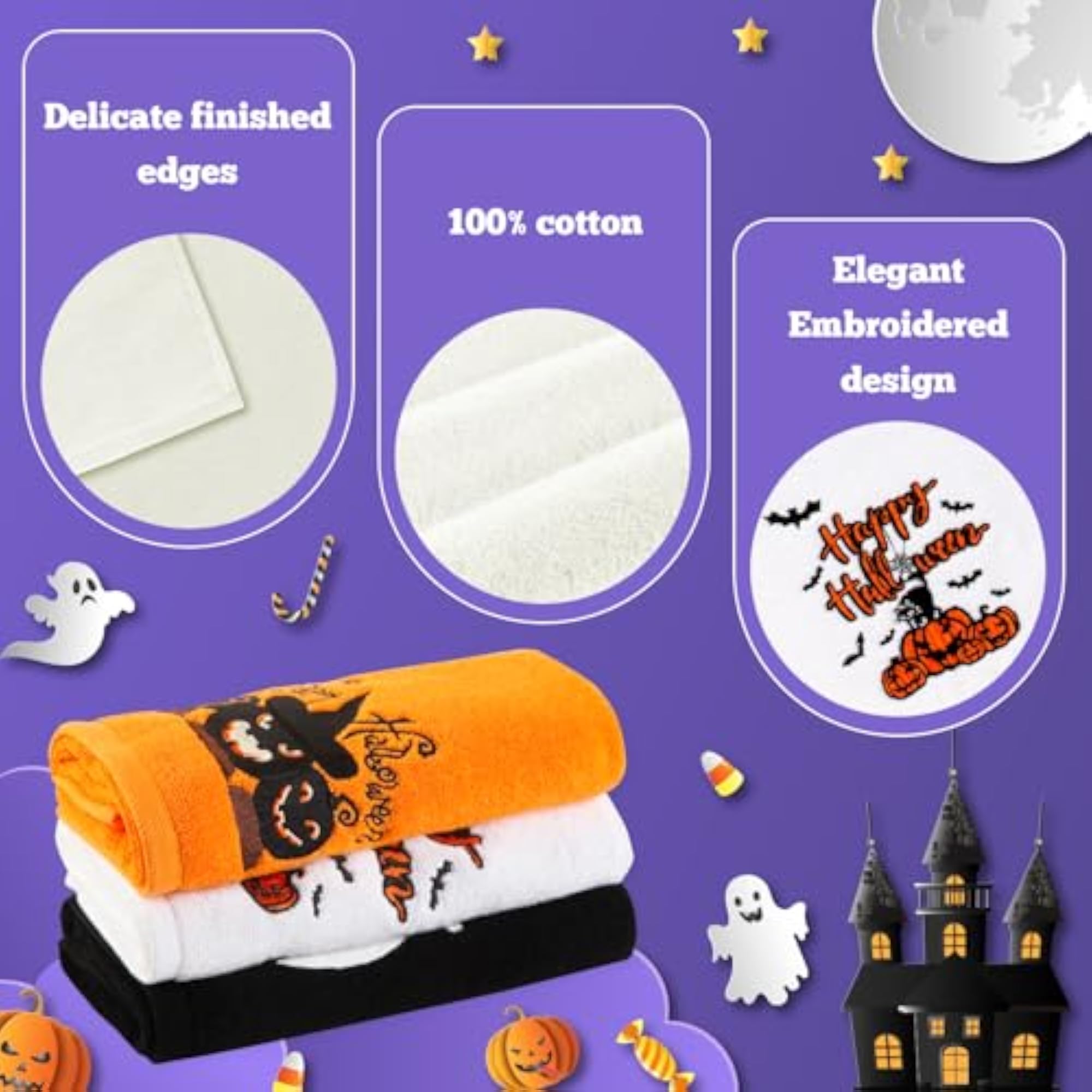 3 Pack Halloween Hand Towels Ghost Pumpkin Design