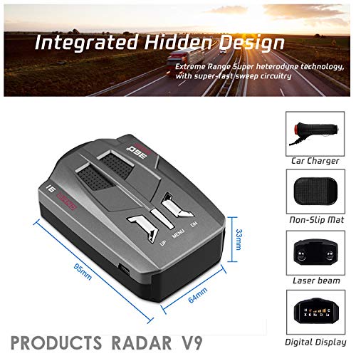 【2021 Upgraded】 Radar Detector for Cars, Laser Radar Detectors, Voice Prompt Speed, Vehicle Speed Alarm System, Led Display, City/Highway Mode, Car 360 Degree Automatic Detection(V9)