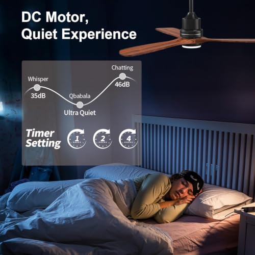Image of Obabala 52 Inch Ceiling Fans with Lights and Remote Control-Outdoor Ceiling Fan Walnut Wood 3 Blade for Bedroom Living Room Indoor Farmhouse Patio, Reversible Noiseless DC Motor