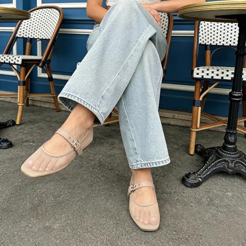 Image of Rihero Mesh Ballet Flats for Women Square Toe Mary Jane Flats Comfortable Casual Ballerina Shoes
