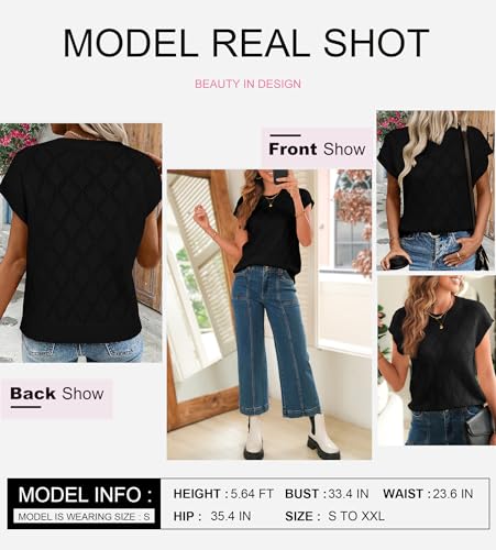Image of SHEWIN Womens Tops Crewneck Cable Knit Short Sleeve Sweater Loose Lightweight Blouses Dressy Casual Pullover Sweaters Top