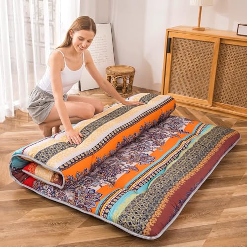 Image of MAXYOYO Bohemian Retro Floor Mattress Vintage Floral Japanese Futon Mattress Roll Up Thicken Sleeping Mat Portable Camping Mattress Floor Lounger Couch Mattress Pad, Full Size