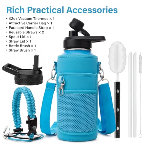 Insulated Water Bottle | Thickened Stainless Steel Vacuum Metal | Portable Sports Water Jug for Gym and Hiking with Straw, Carrier Bag, Handle Strap | BPA-Free 32 oz