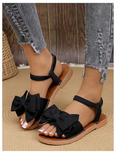Image of GORGLITTER Women's Bow Flat Sandals 2026 Dressy Cute Ankle Strap Slides | Summer Shoes for Women 2026, Slip On Open Toe Flats, Slingback Slides, Vacation Dress Sandals