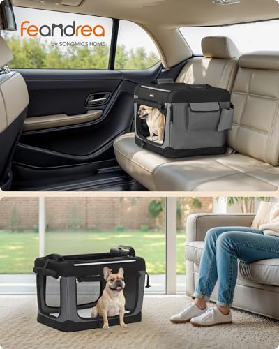 Feandrea Hundebox faltbar, 60 cm Transportbox für kleine Hunde, Hundetasche, Oxford-Gewebe, mit 4 Türen aus Netzstoff, Griffen, Taschen für Futter und Wasserflasche, tintenschwarz PDC016B01