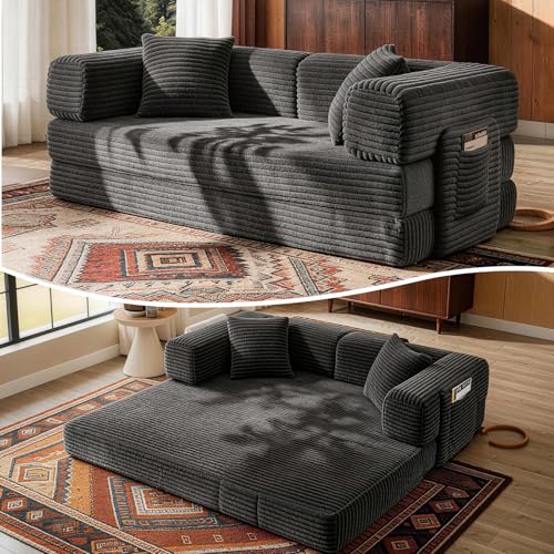 AUGOP Futon Sofa Bed Boneless Couch for Living Room Pull Out Couch with Sleeper Sofa Day Bed Couch with Storage Pocket Removable Corduroy with 2 Pillow